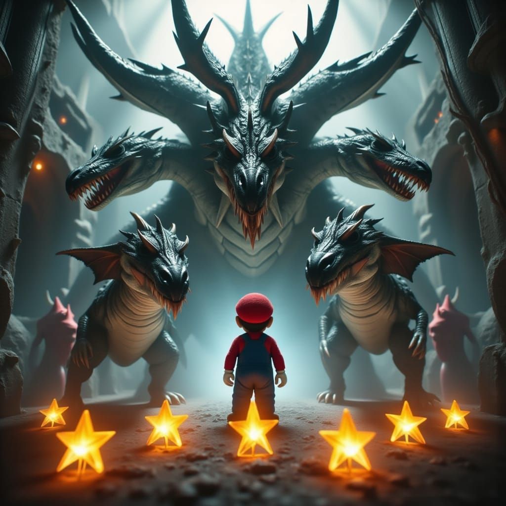 Gigantic Five-Headed Dragon Towers Over Super Mario