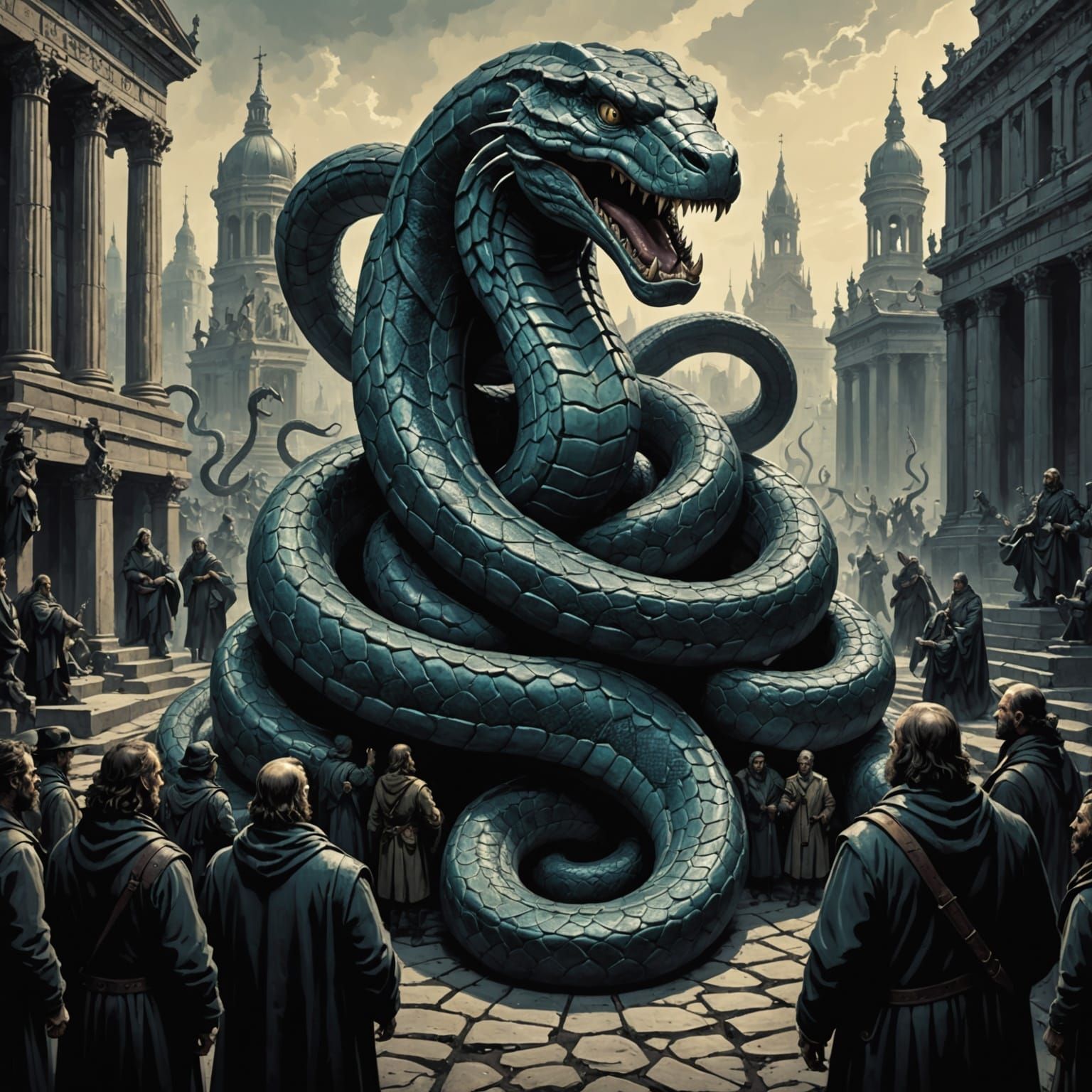 Giant Snake Among Statues in Sinister Style