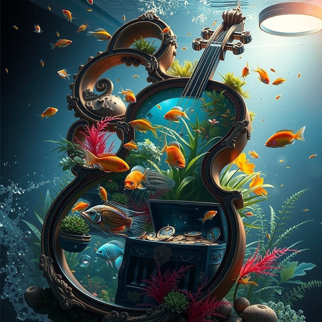 Crystal Cello Aquarium with Vibrant Fish and Treasure Chest