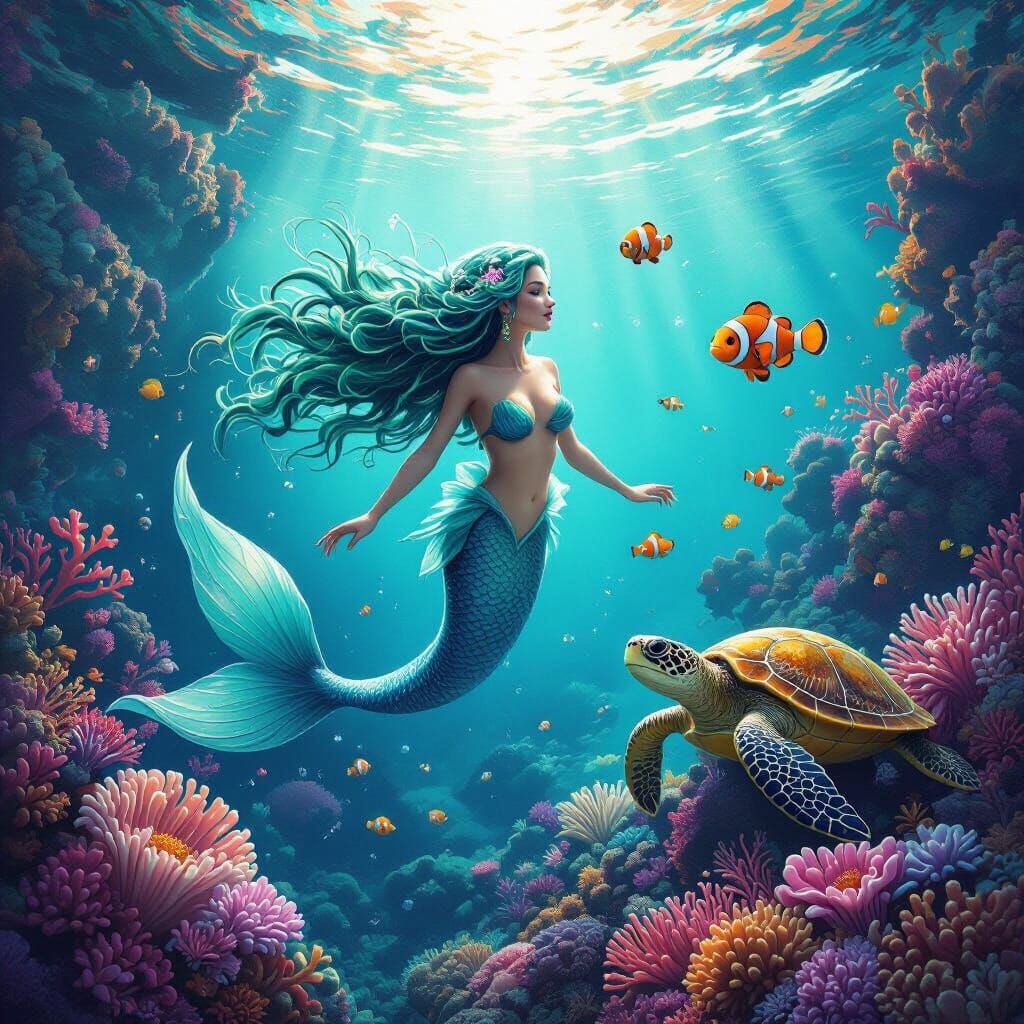 Mermaid and Friends in Vibrant Coral Ocean