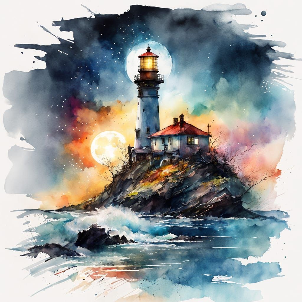 Moonlit Lighthouse in Watercolor with Volumetric Lighting