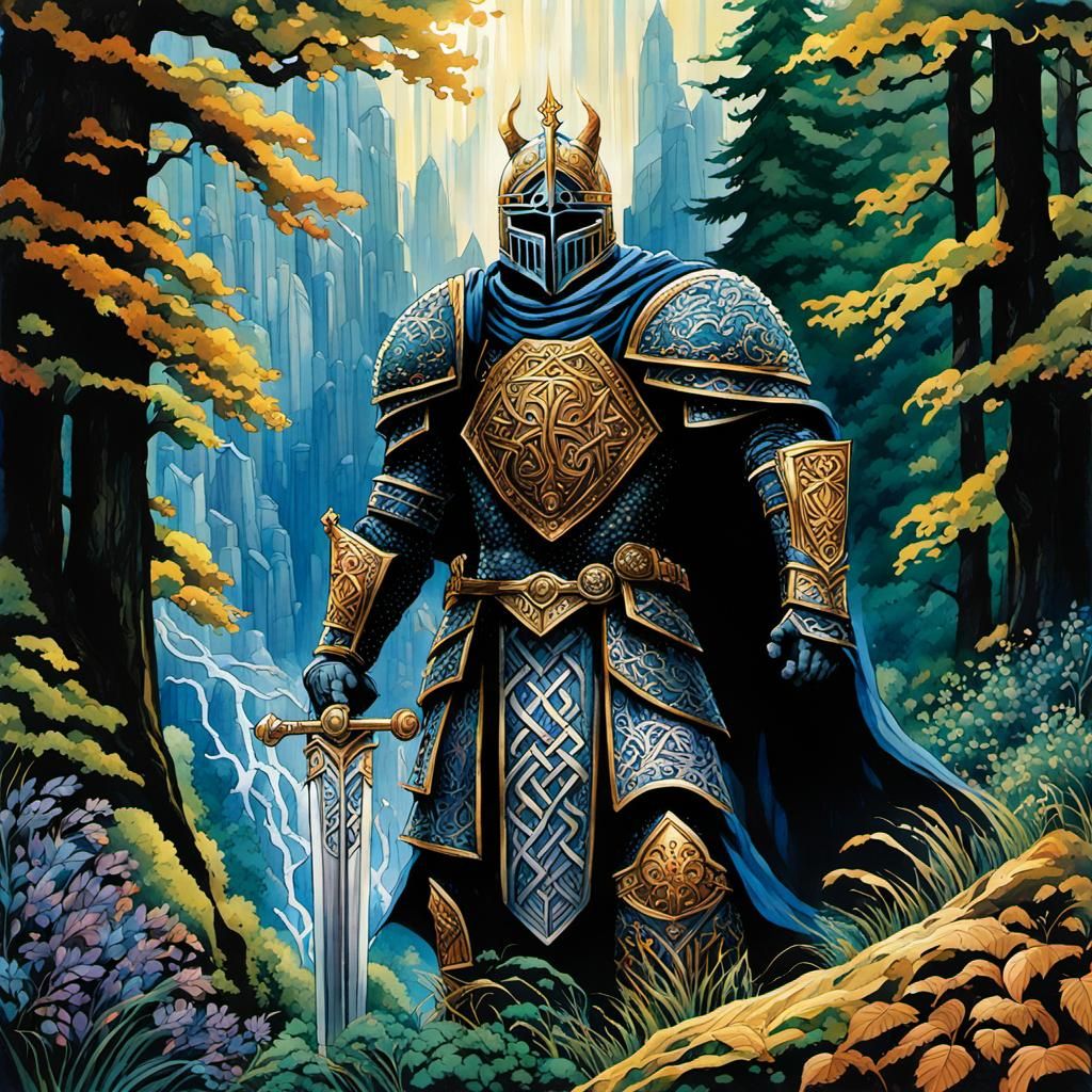 Majestic Knight in Watercolor, Gothic Armor and Runes