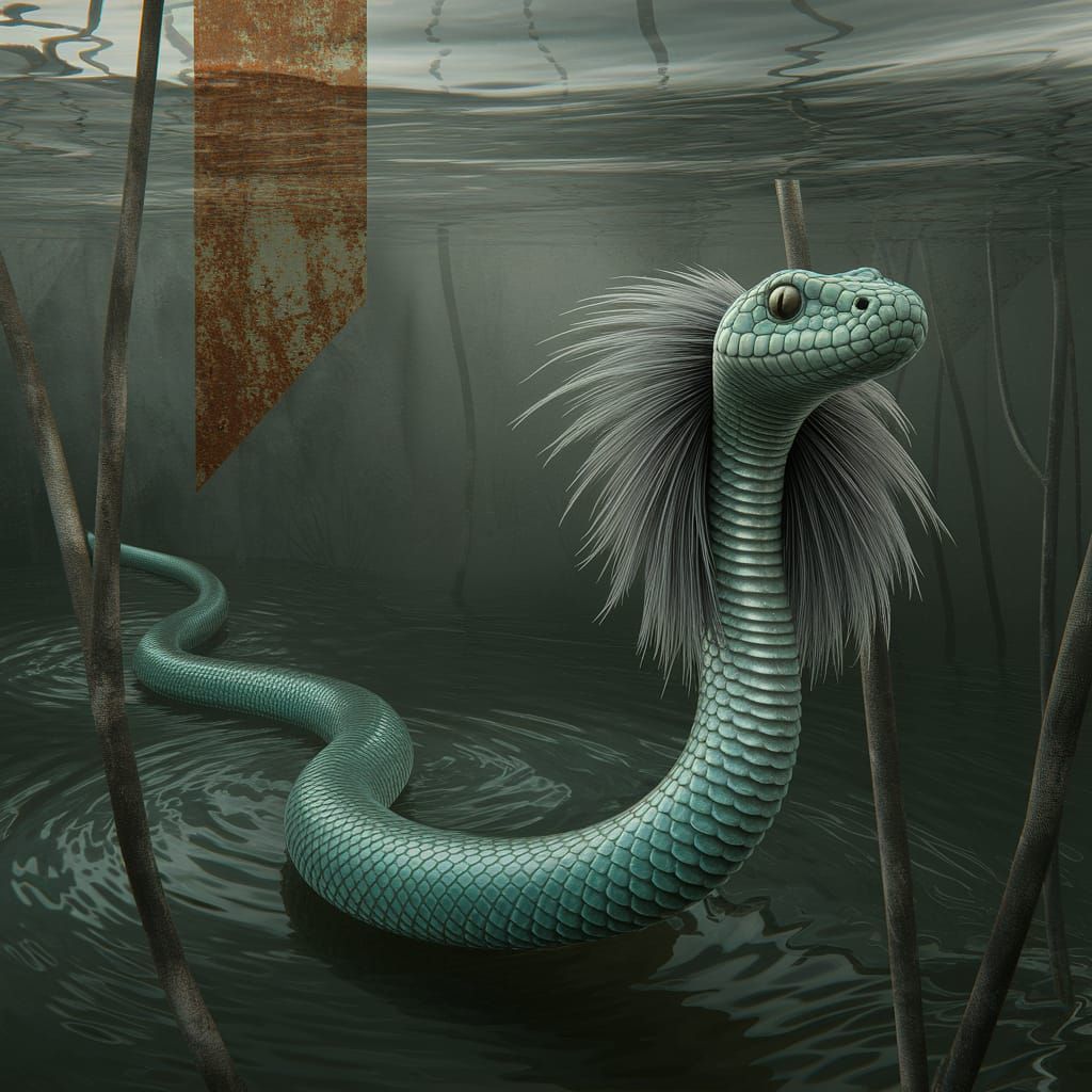 Ethereal Ostrich Snake Emerges from Muted Swamp Depths in Hy...