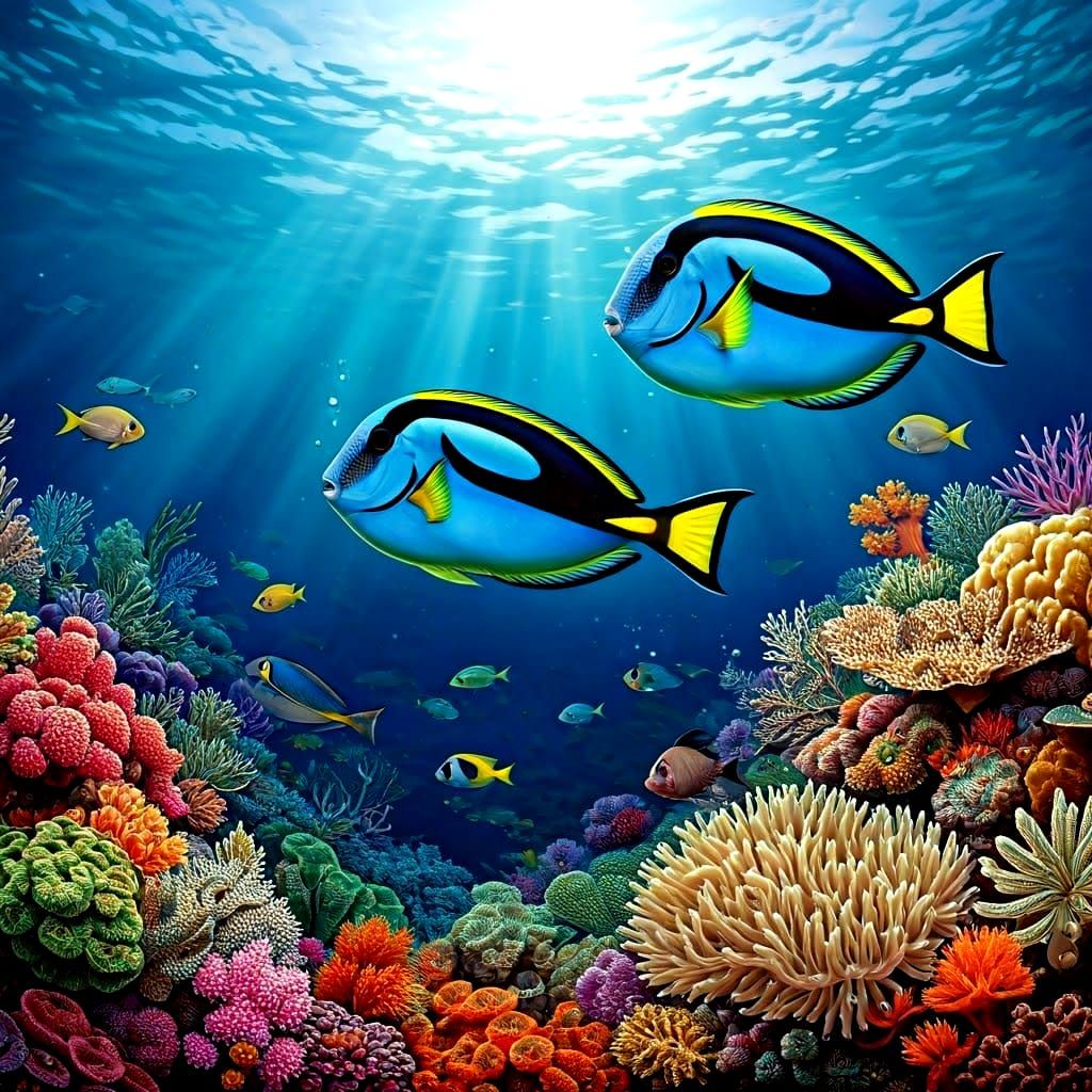 Vibrant Coral Reef Scene with Schooling Surgeonfish in Reali...