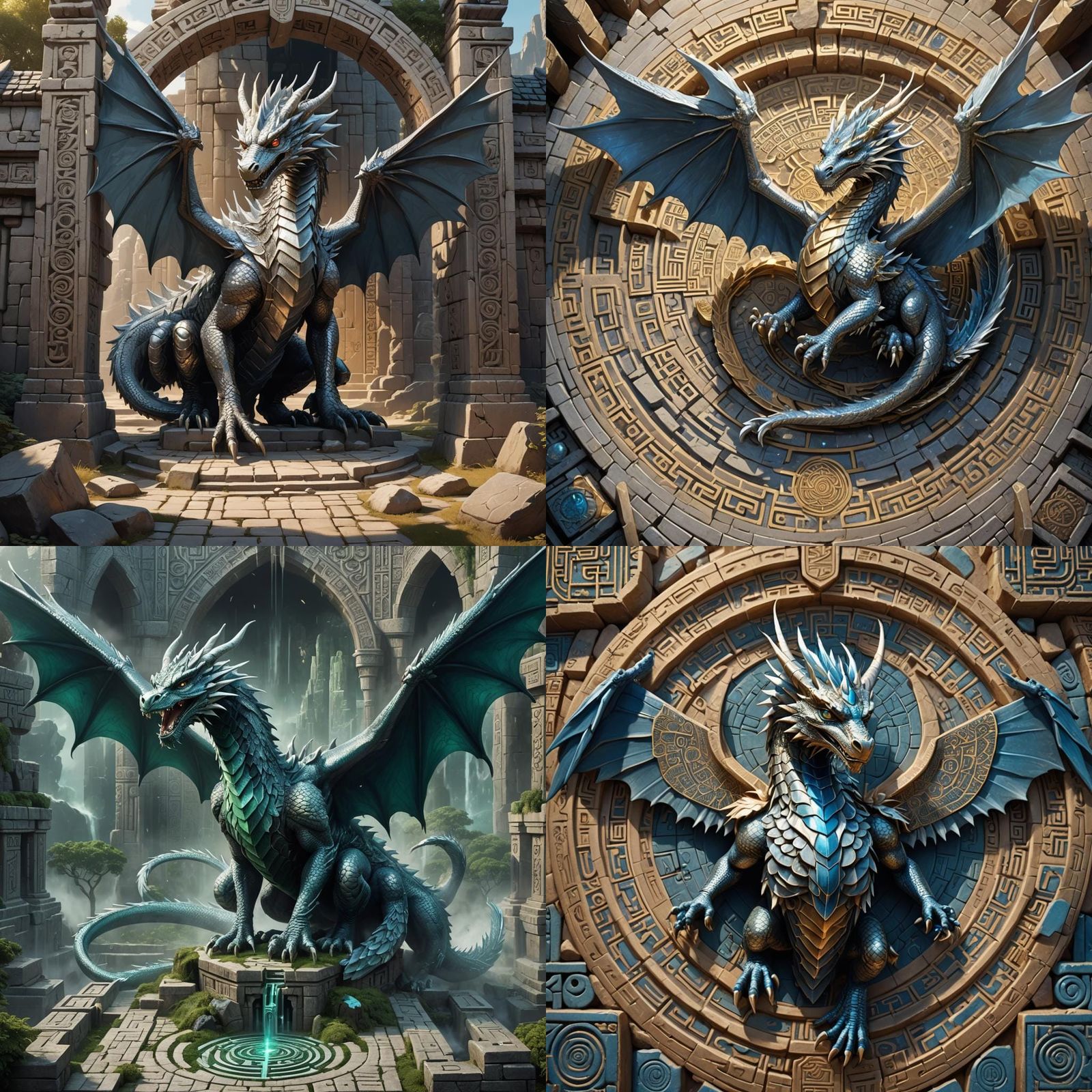 Silver Dragon Soars Above Hieroglyphic Stone Labyrinth