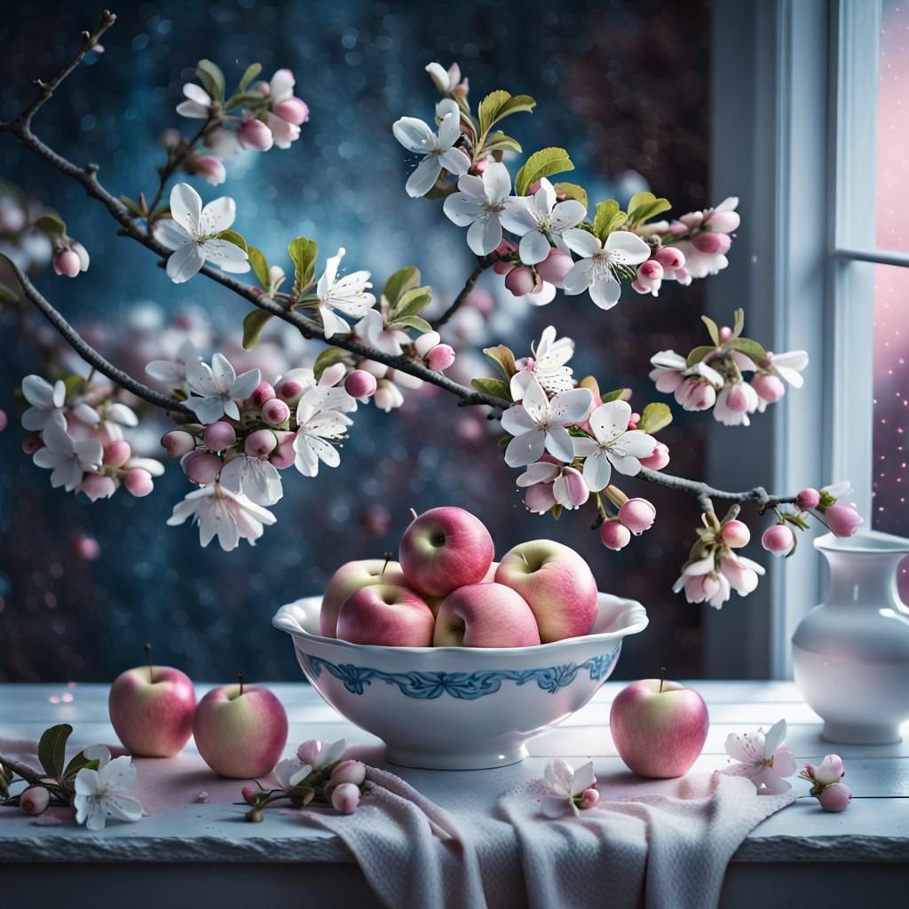 Pink Pastel Apples and Blossoms Still Life