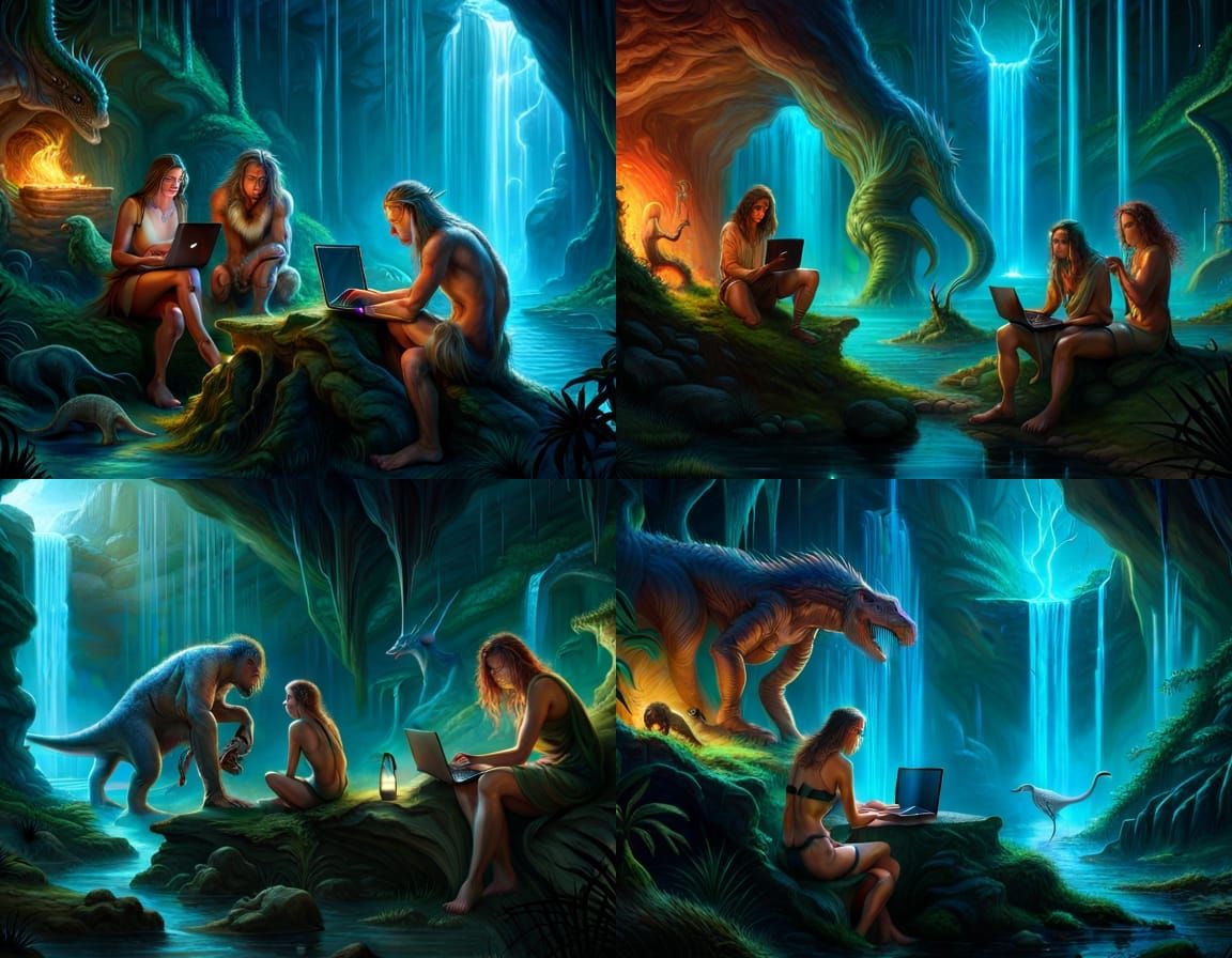 Cavewoman and Caveman typing on a Laptop