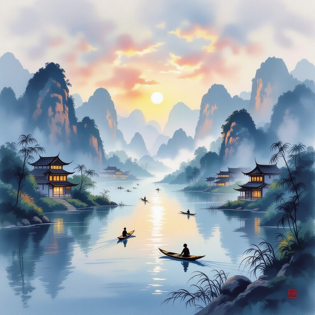 Dreamy Asian Riverscape Ink Painting