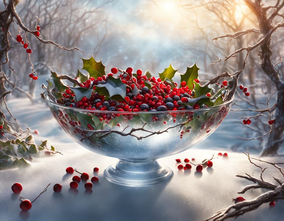 Glass Bowl Overflowing With Berries and Fantasy Reflection