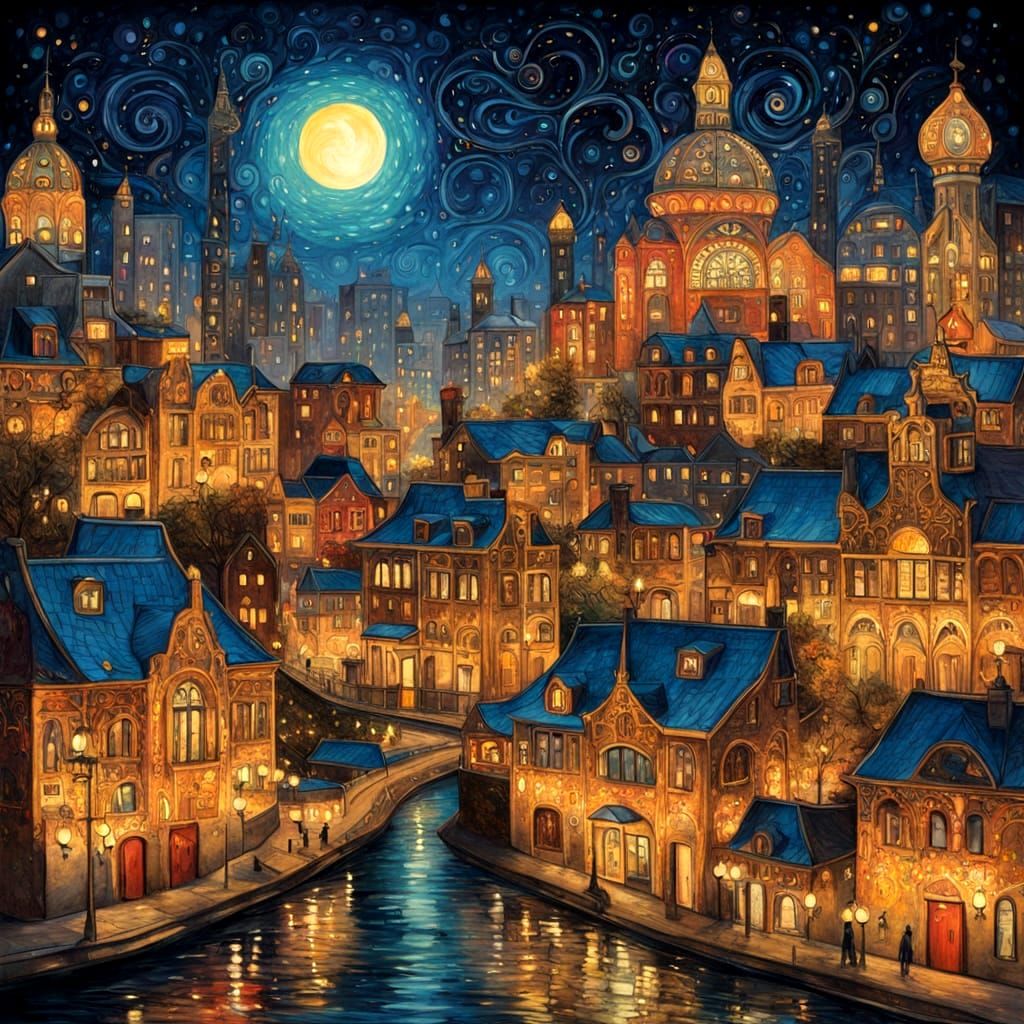 Colorful Houses on a Night Street in Klimt Style