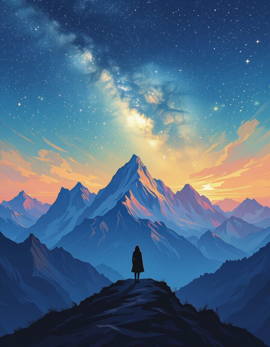Woman Contemplating Vast Starlit Mountains in Neo-Impression...