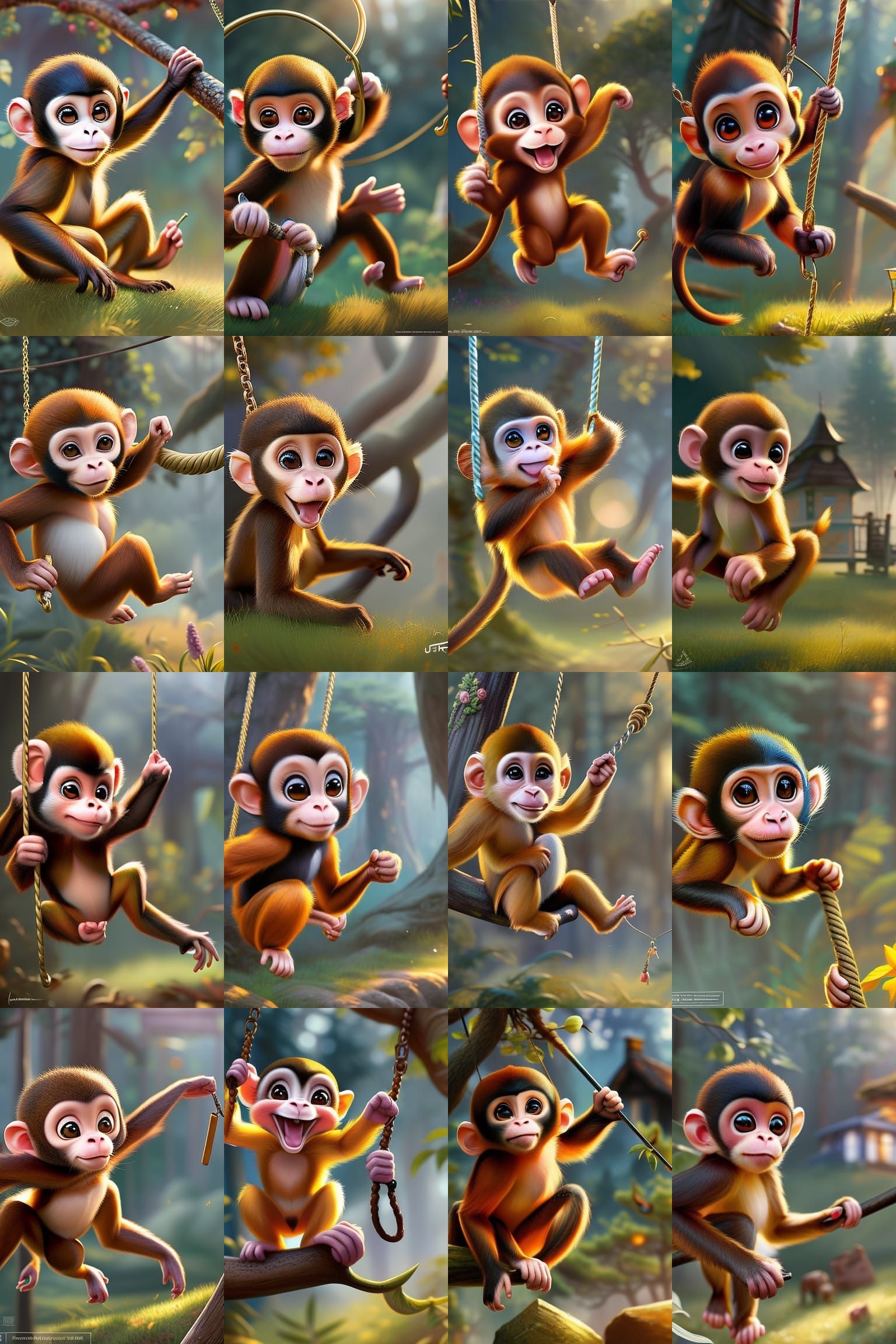 Cute Monkey Swinging, Cottagecore Digital Art