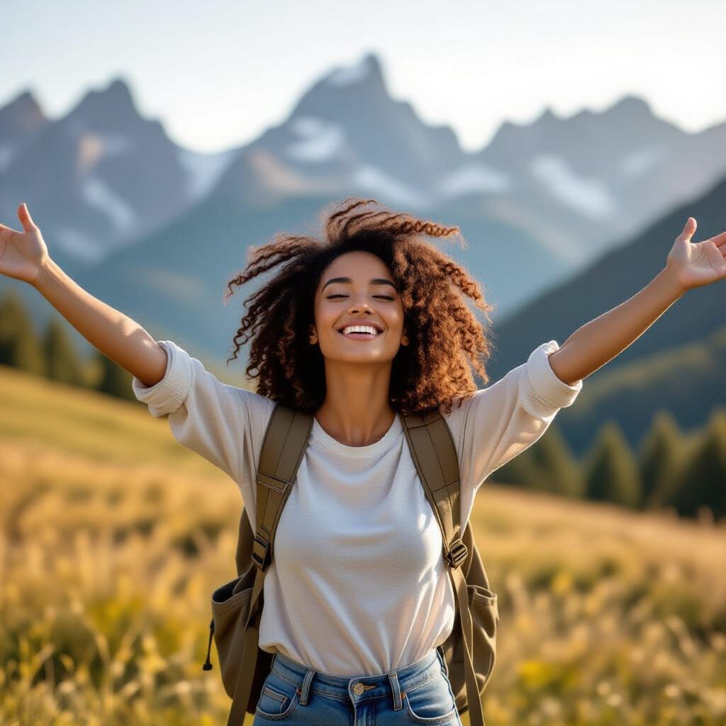 Woman Expressing Joy in Mountain Landscape