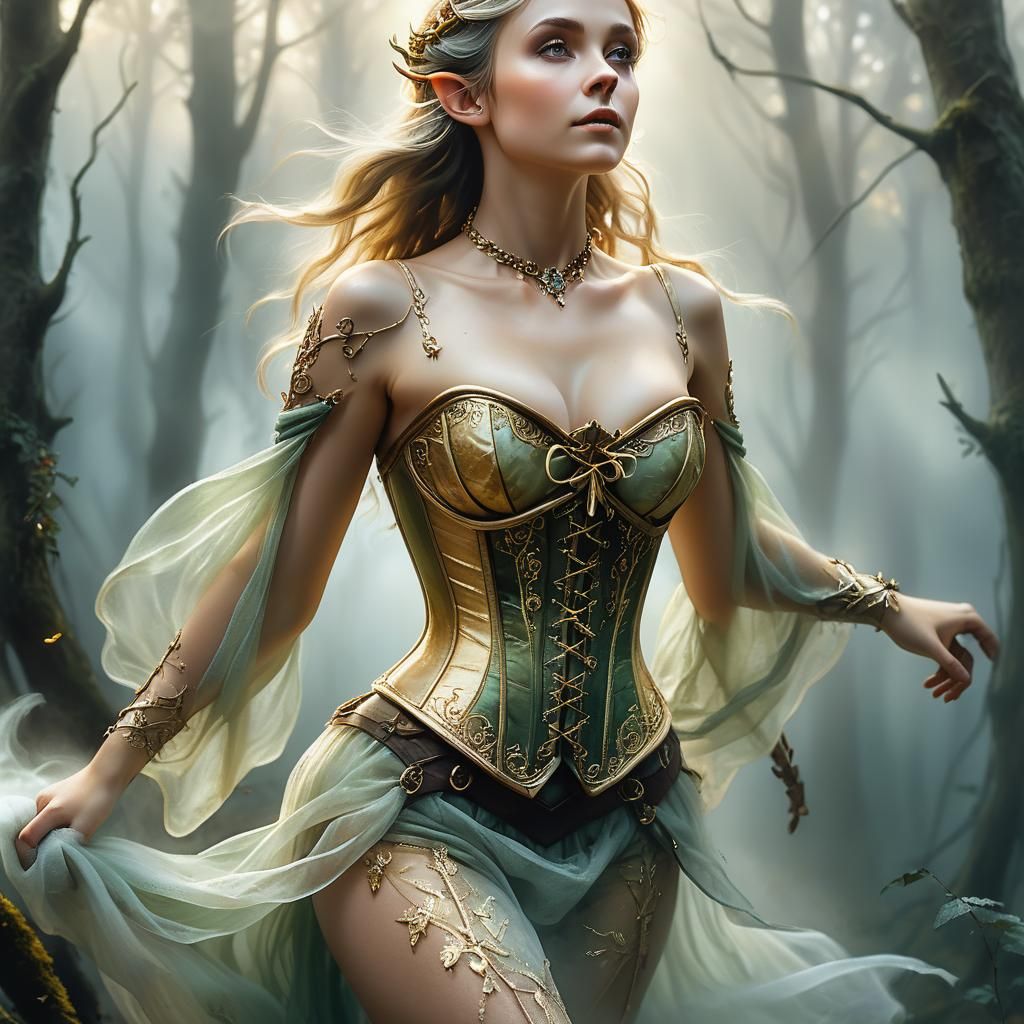 Female Elf Flies Through Misty Woods