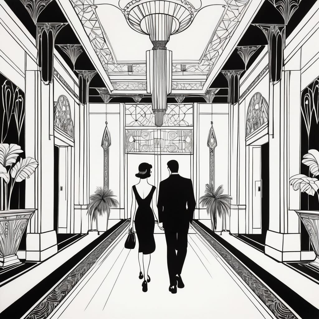 An ink drawing art deco scene on an elaborate hotel a couple walking