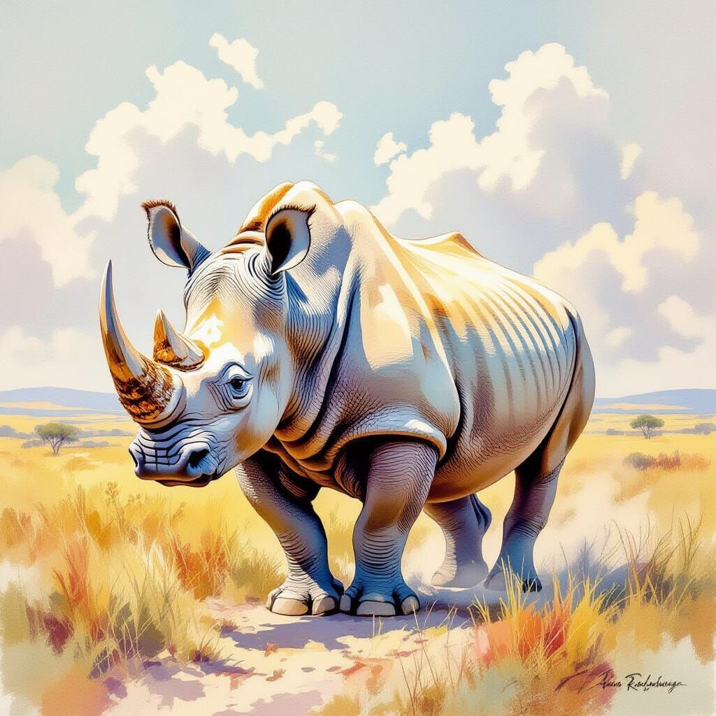 Hyperdetailed Rhinoceros Watercolour in a Fantasy Savannah