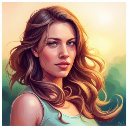 Cartoon Portrait of Healthy Pregnant Woman in Art Nouveau St...