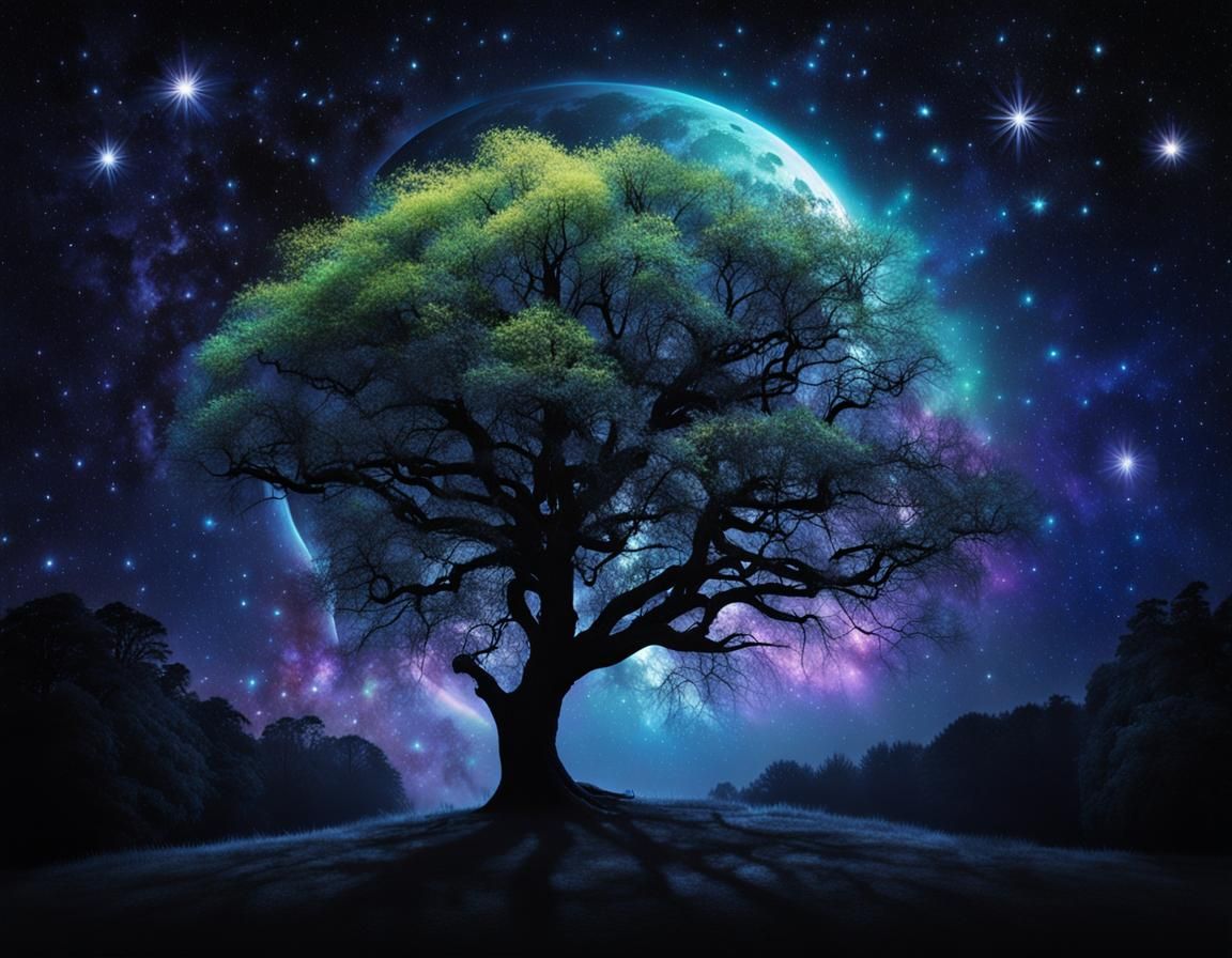 Ethereal Tree Radiating Darkness Under Moonlit Sky