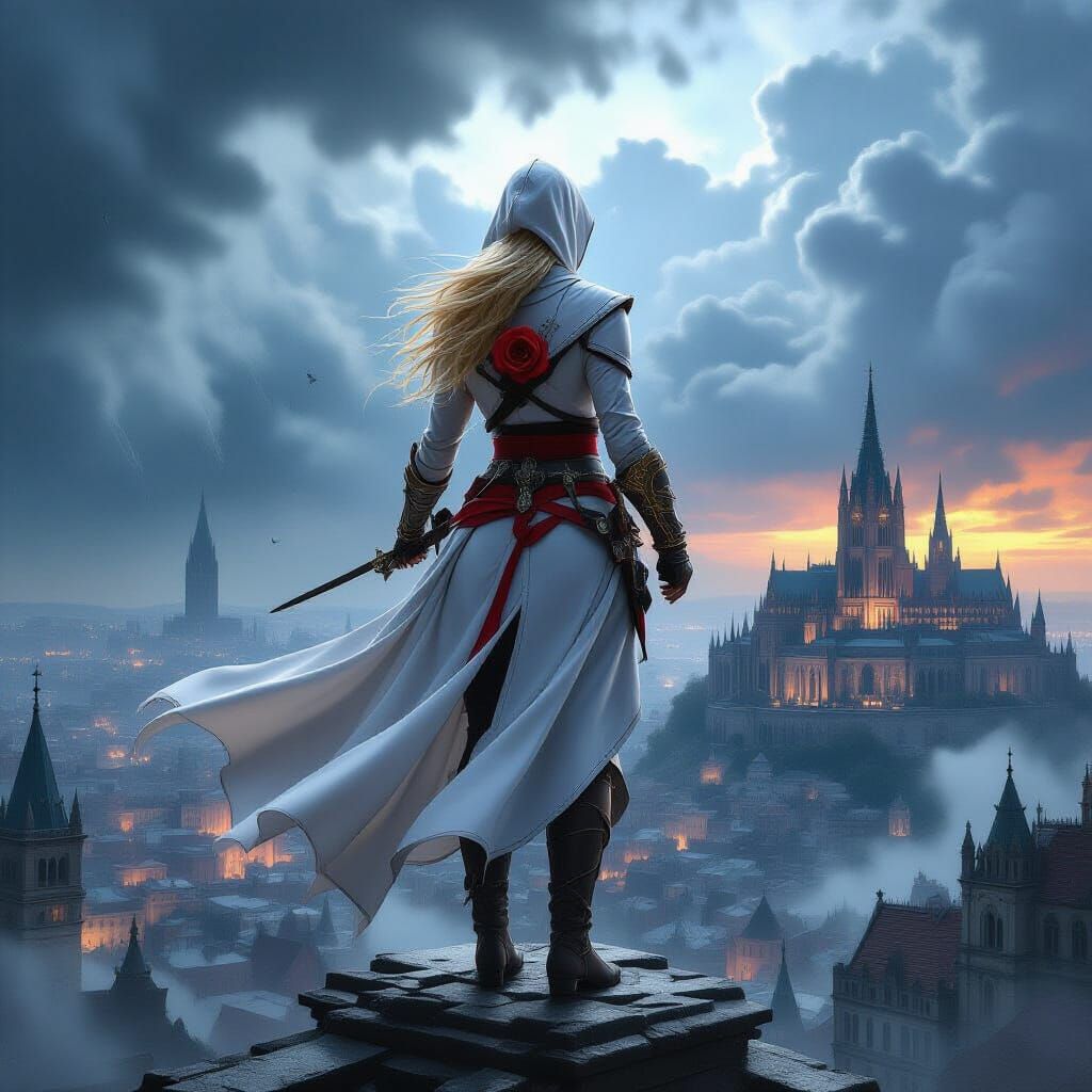 Female Assassin in Gothic Cathedral Oil Painting
