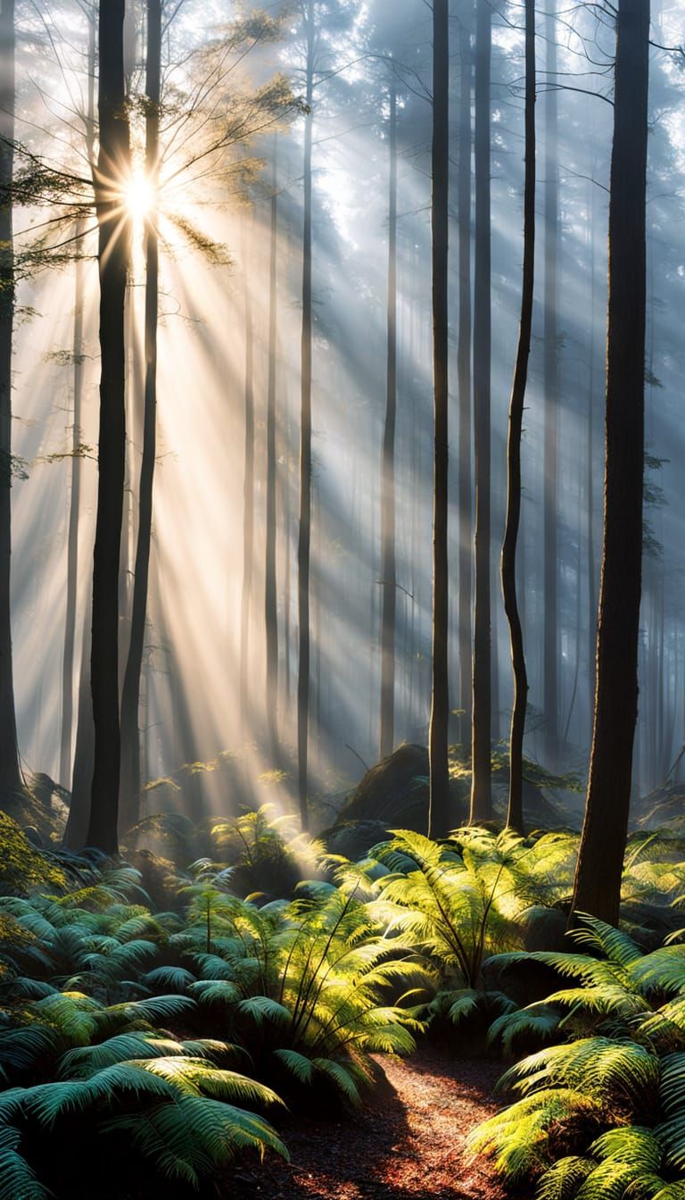 Abstract Metal Sculpture in Misty Forest