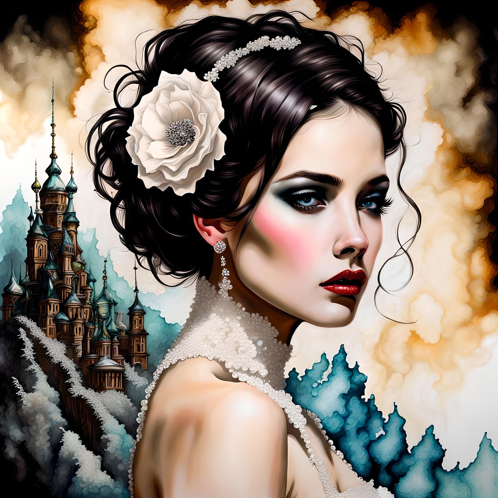 Debutante, mountaintop, fractals, alcohol ink, high contrast...