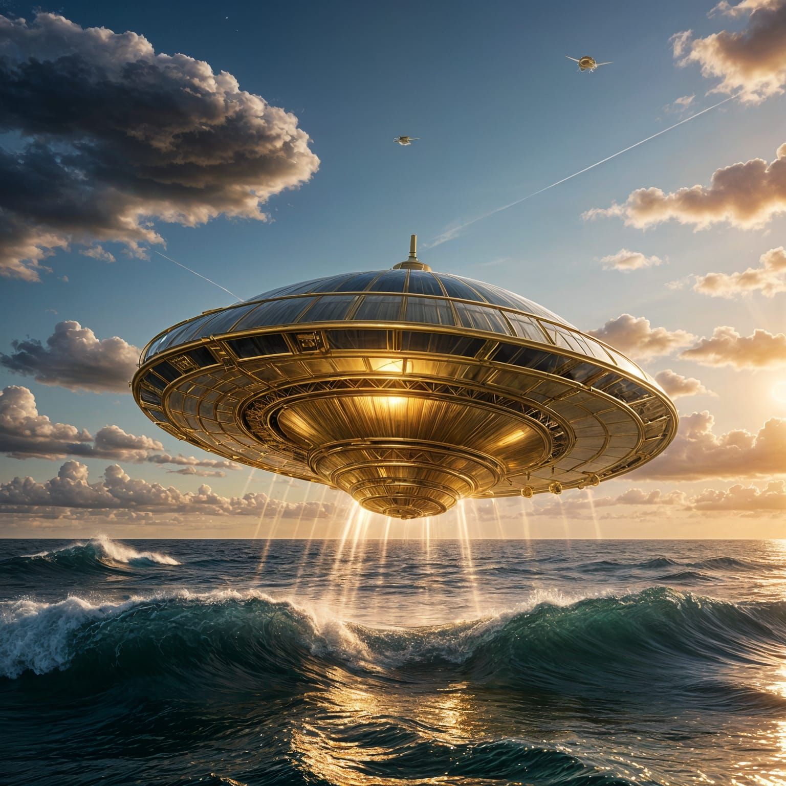 Realistic Golden Flying Saucer Over Ocean