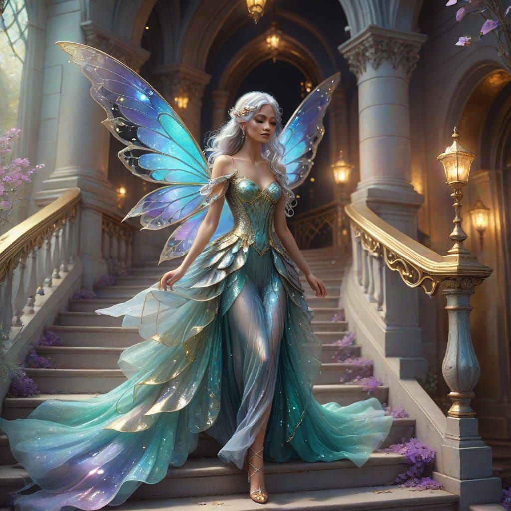 Fantasy Fairy Descends Staircase with Shimmering Wings