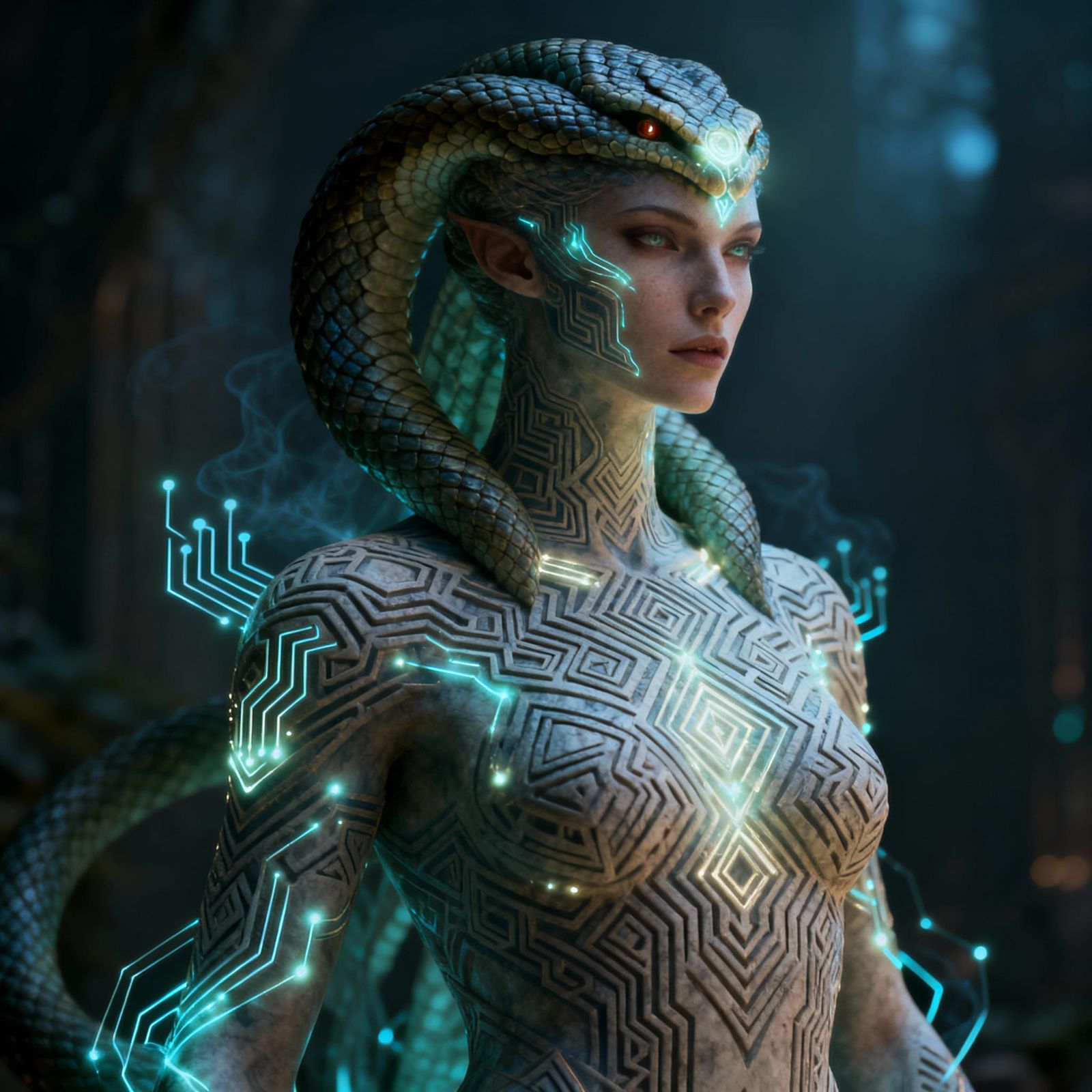 Serphelia: Ethereal Serpentine Figure with Luminous Patterns