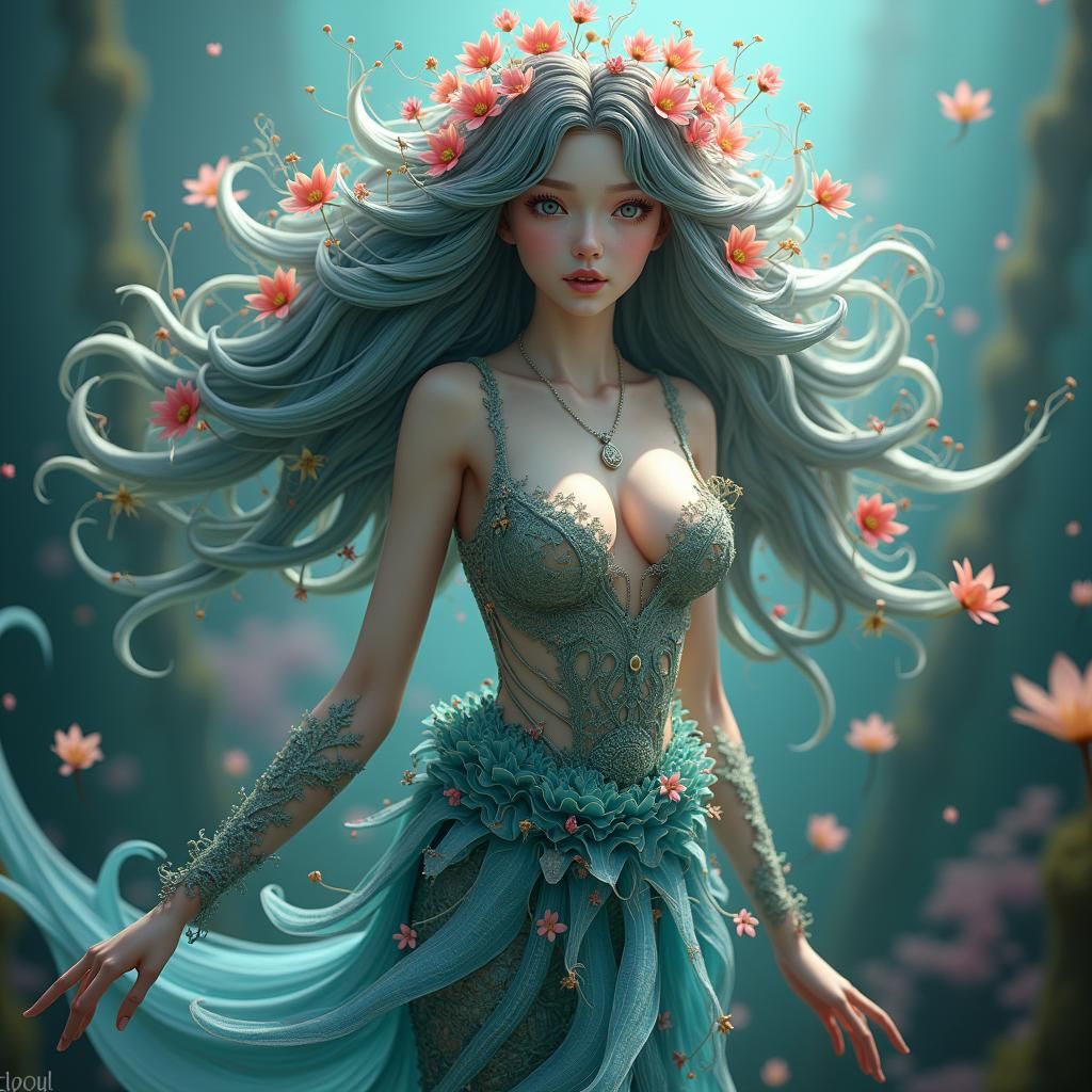 Anime Mermaid with Flowing Hair and Seaweed Tail