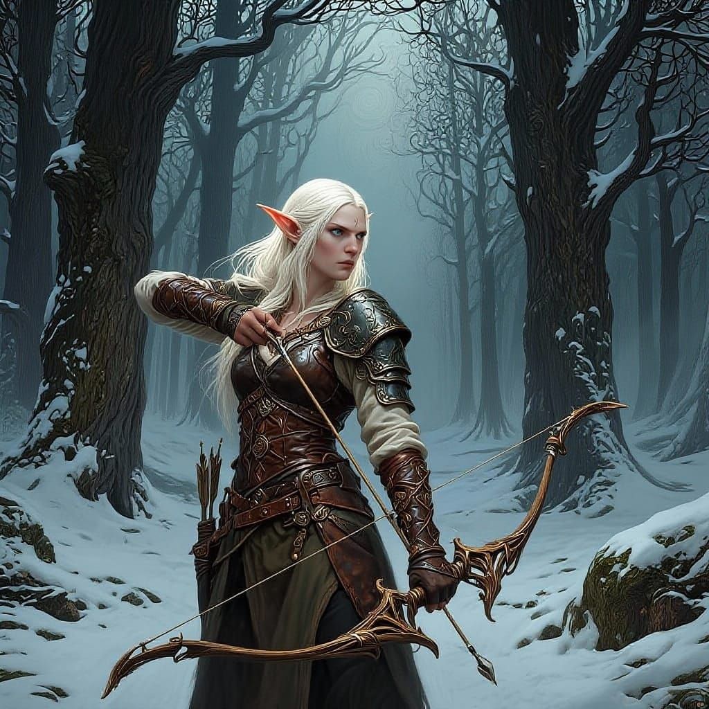 Albino Elf Huntress in Snowy Forest, Hyperrealistic Art