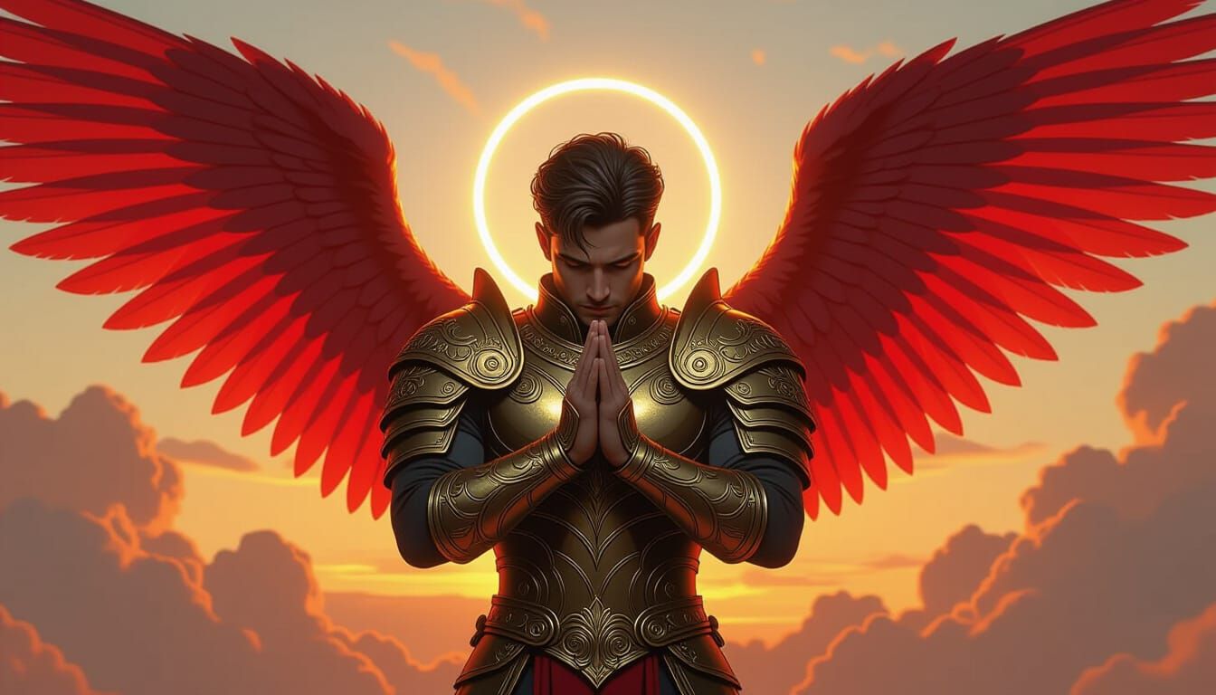 Warrior Angel Ascends at Dusk in Digital Painting Style