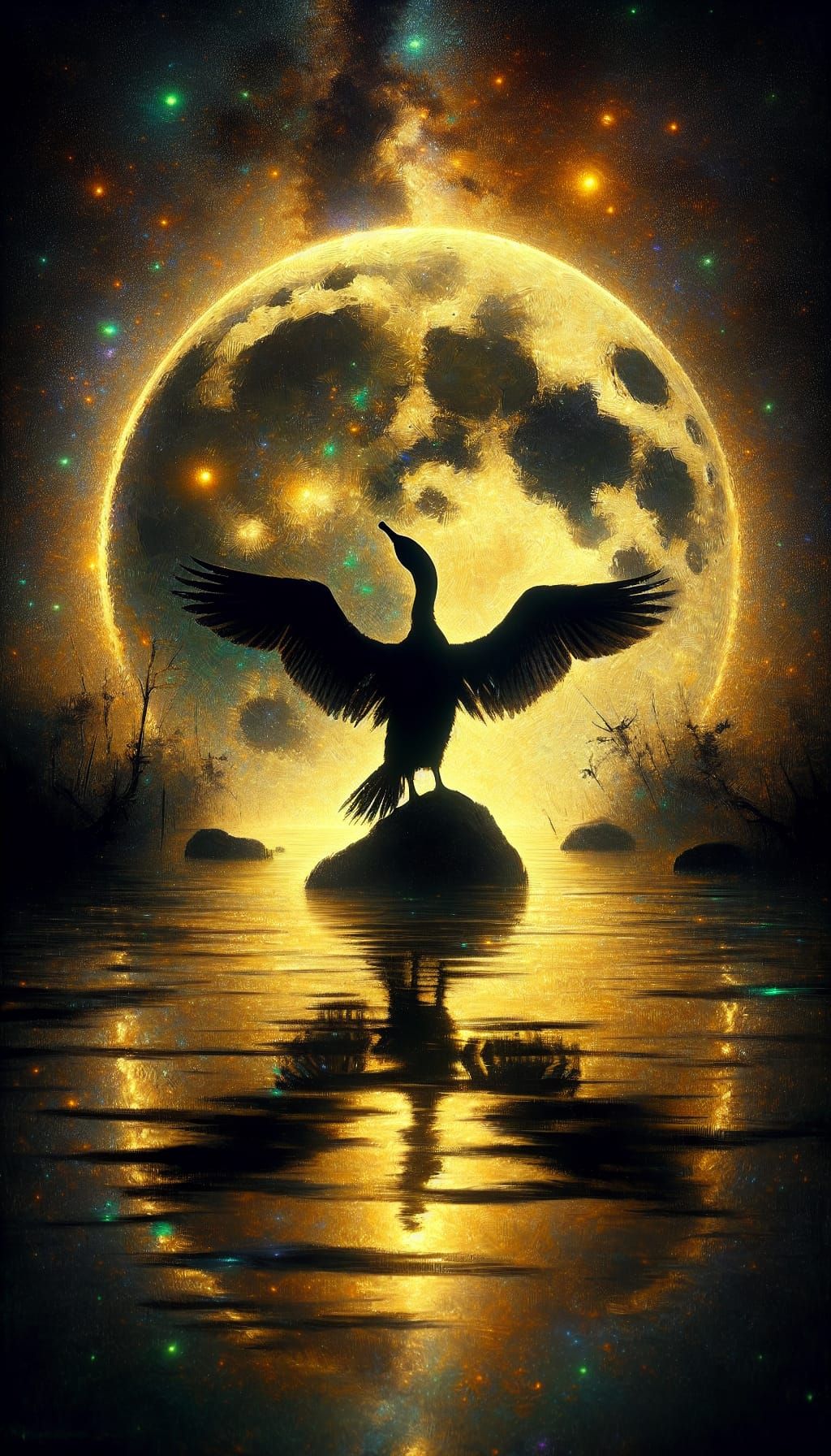 Cormorant Silhouette Under Moonlight in Impressionistic Styl...