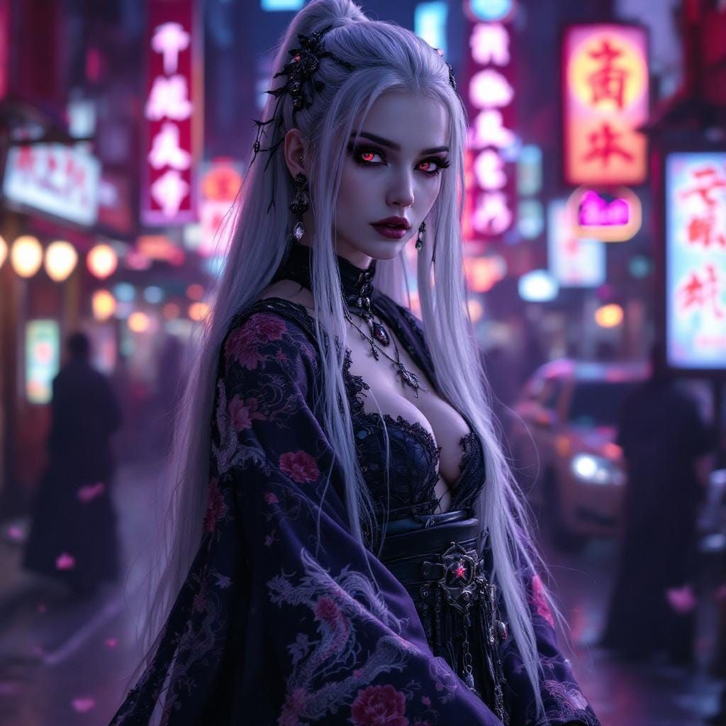 Mystical Woman in Cyberpunk Kimono with Neon Lights