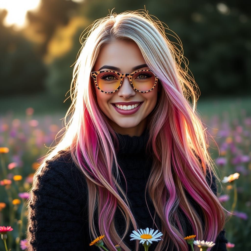 Woman with Pink Hair in Wildflower Field, Hyperrealistic