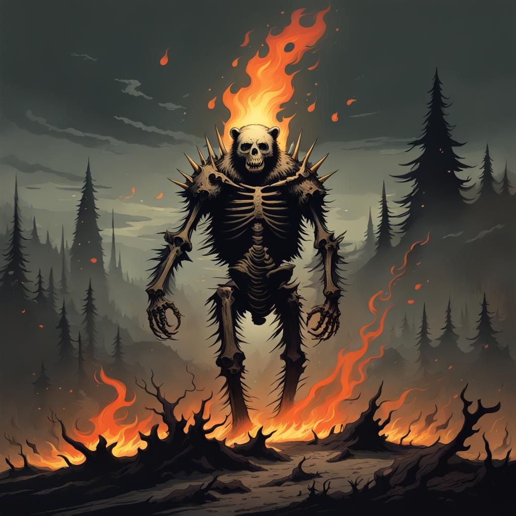 Flaming Skeleton Bear: Horror Art
