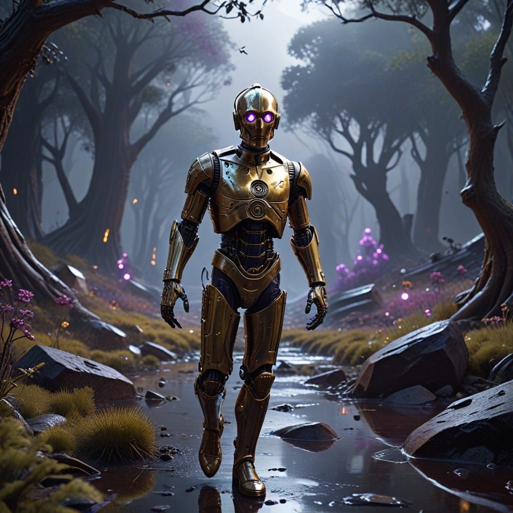 Glass C3PO Flees Scooby Doo in Dark Alien Landscape