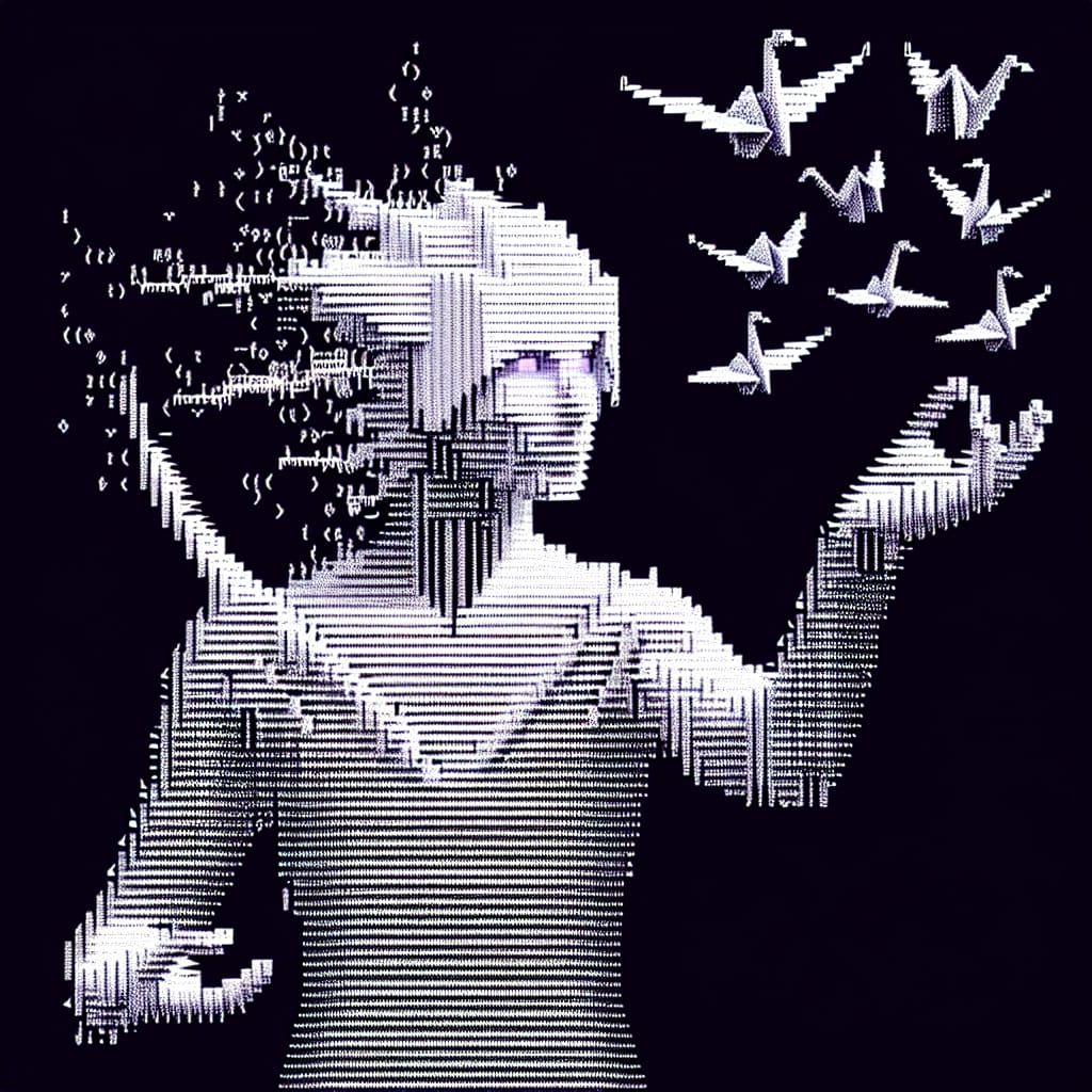 Surrealist ASCII Art Figure Conducts Origami Birds amidst Fr...