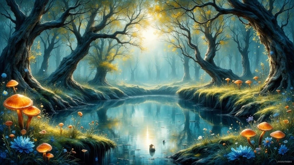 Enchanted Forest Glade at Dawn in Oil Painting Style