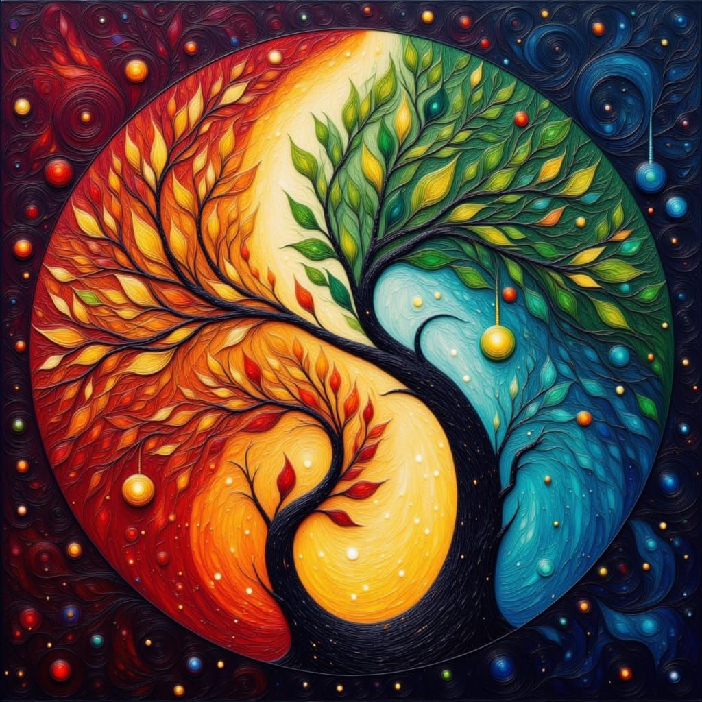 Yin Yang Symbol with Vivid Trees and Filigree