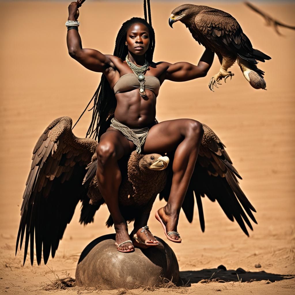 Muscular African Girl Riding an Eagle