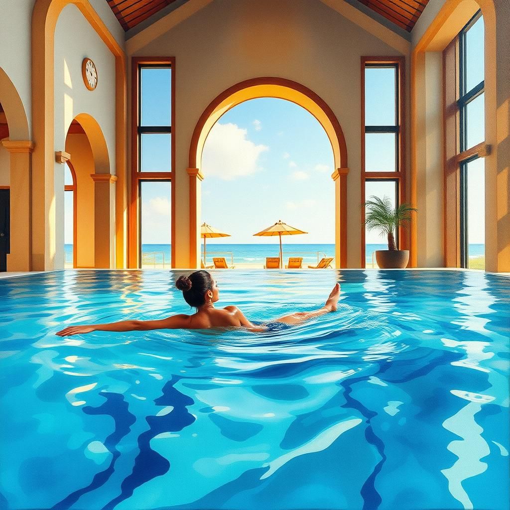 Swimming Pool Gouache Painting Near Beach