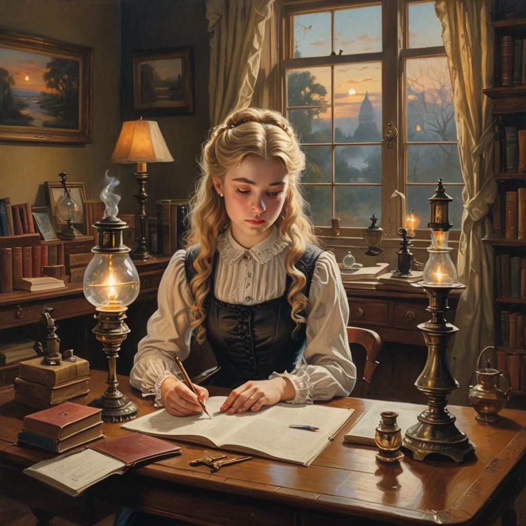 Victorian Girl Doing Homework: Oil Painting Evening Scene