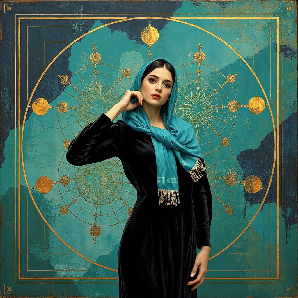Woman with Turquoise Scarf in Symbolic Style
