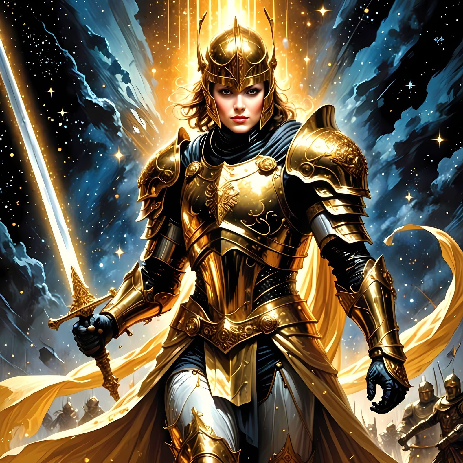 Knight Goddess in Futuristic Armor Among Galaxies