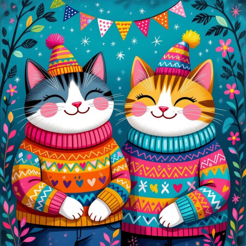 Smiling Giant Cats in Sweaters: Whimsical Surrealism