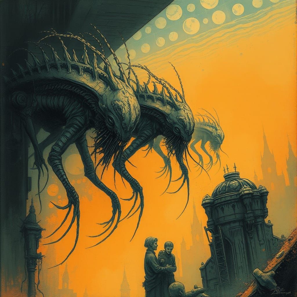 Underwater Aliens in Orange Dystopian Ocean