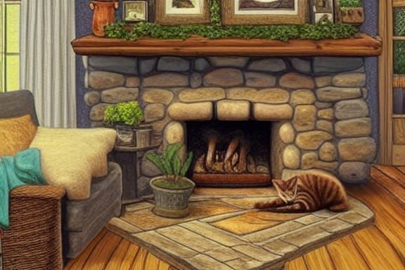 Quaint cottage living room with over stuffed furniture, a wood floor and stone fireplace, with a couple of cats sleeping...