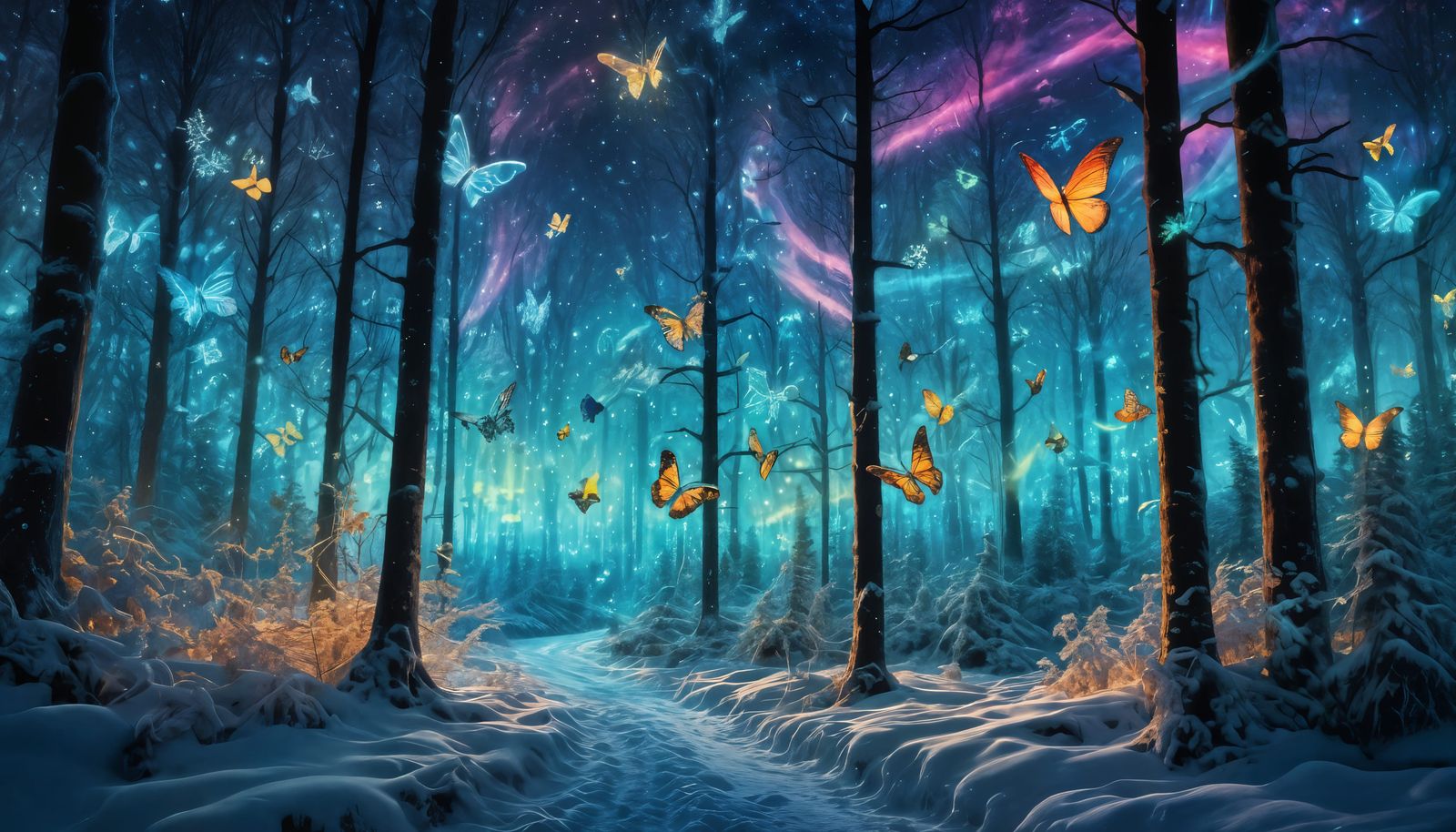 Bioluminescent Butterflies in Snowy Astral Forest