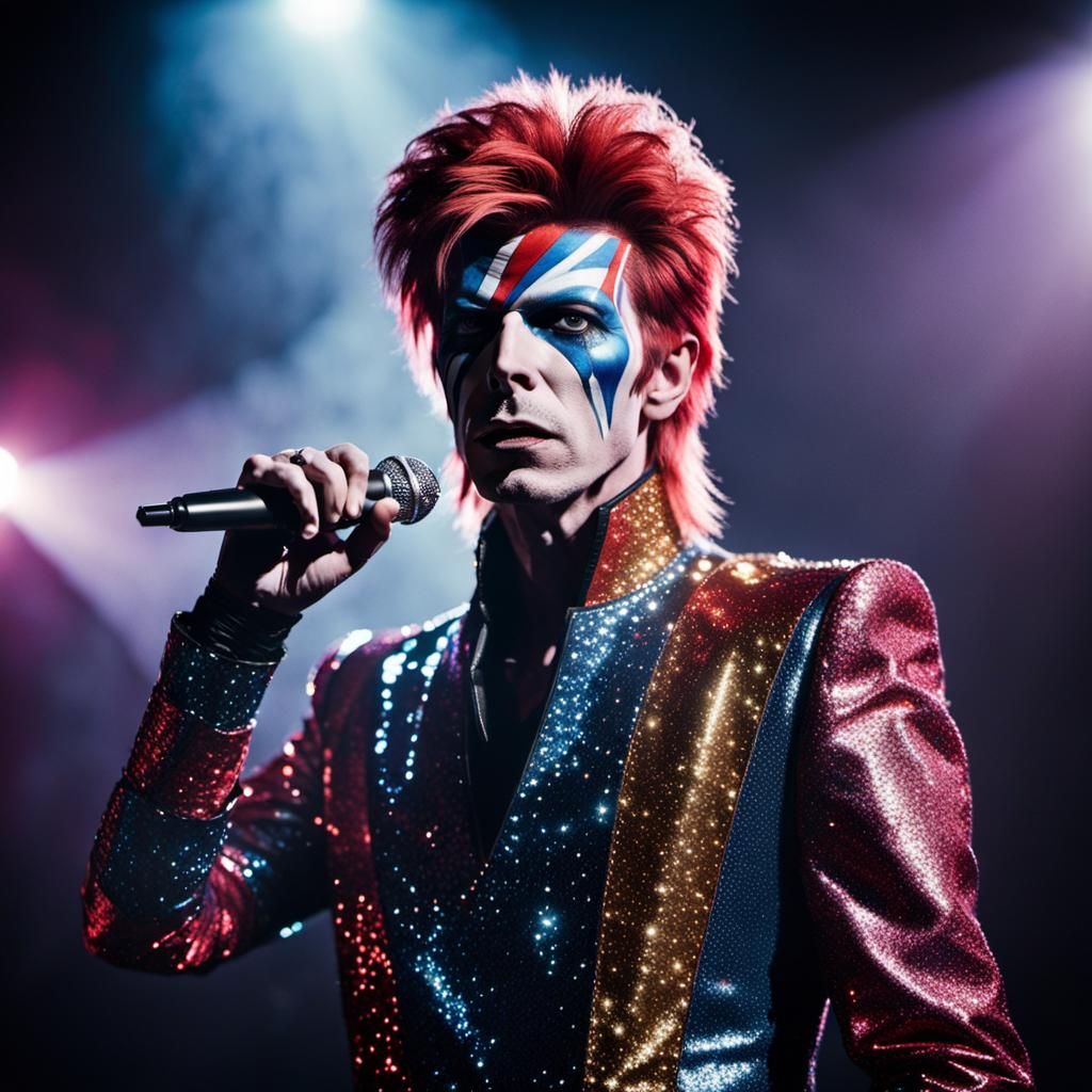 Glam Rock Icon Performs with Dramatic Flair in Bold, Shimmer...