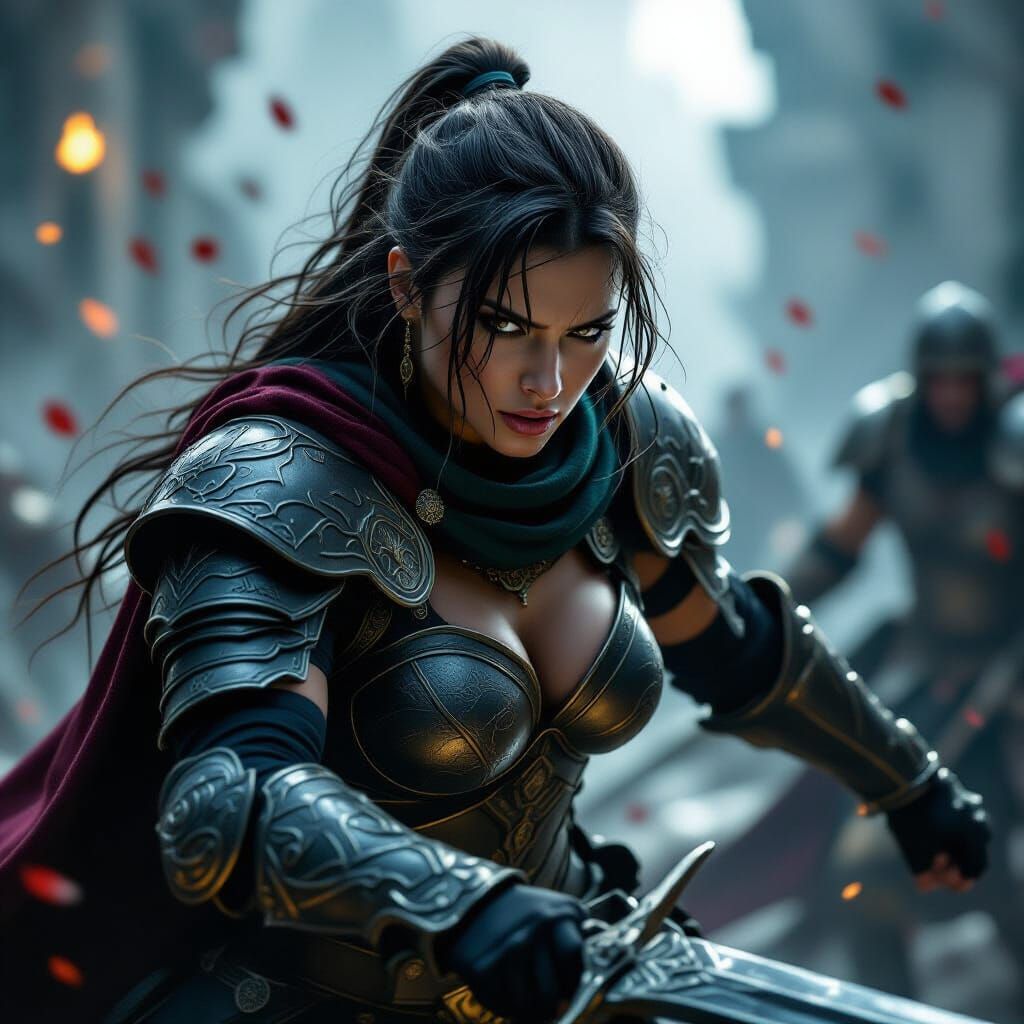 Female Warrior in Dark Fantasy Armor in Epic Battle